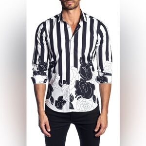 Jared Lang After Hours Trim Fit Stripe Floral Print Sport Shirt Size XL